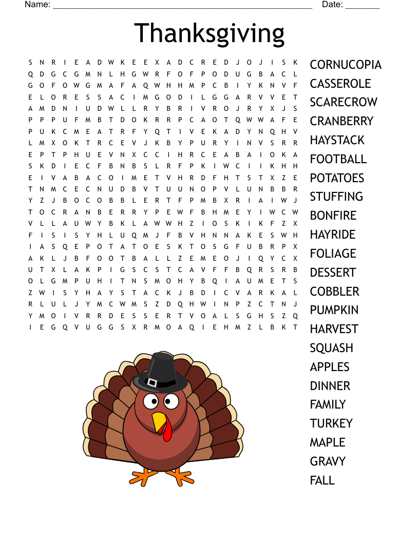 Free Printable Word Search For Thanksgiving