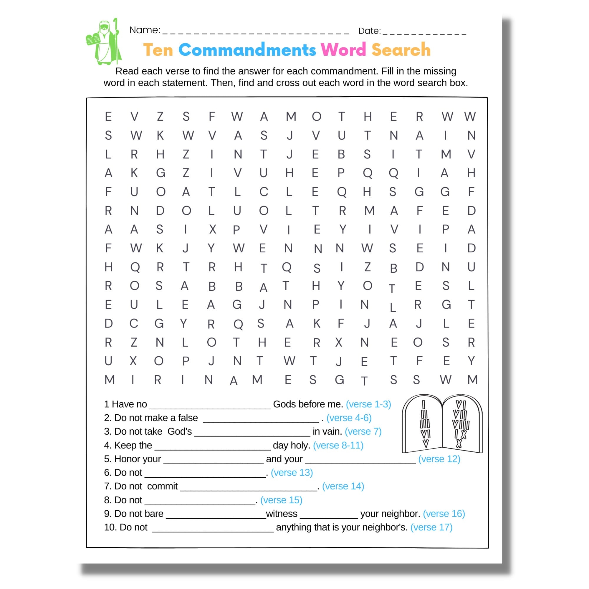 The 10 Commandments Word Search Word Search Puzzle For Kids Bible Word Search Learn The 10 Commandments Scripture Etsy