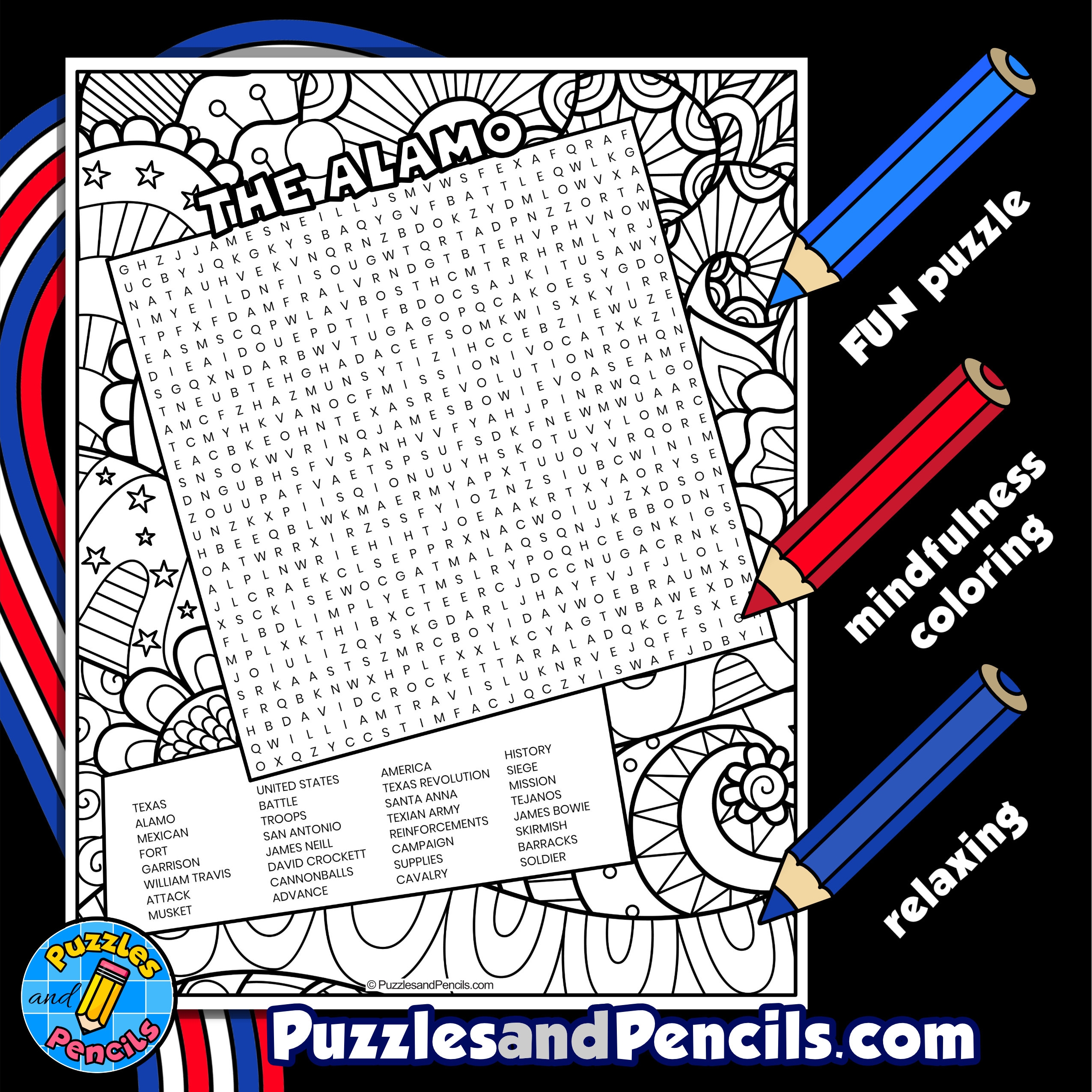 The Alamo Word Search Puzzle With Coloring US History Wordsearch Made By Teachers