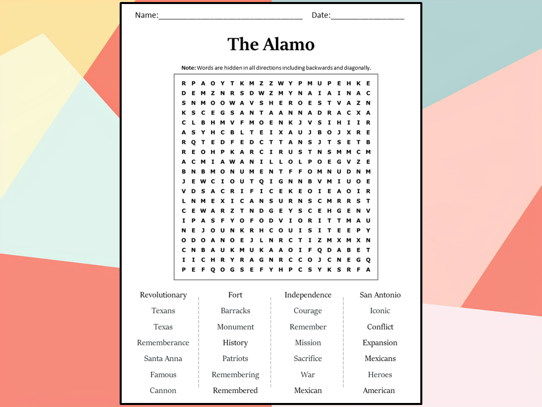 The Alamo Word Search Puzzle Worksheet Activity Teaching Resources