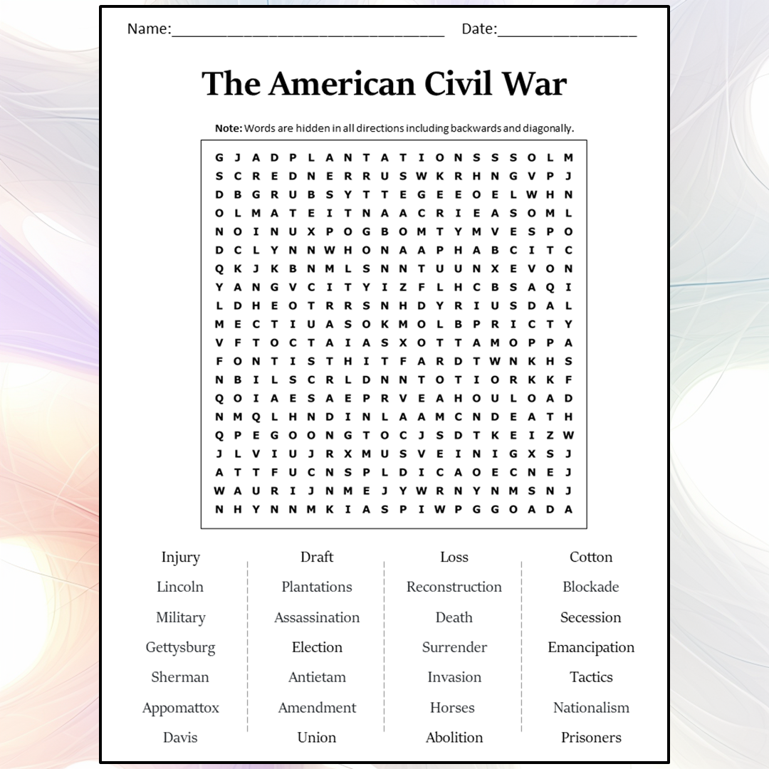 The American Civil War Word Search Puzzle Worksheet Activity PDF Worksheets Library