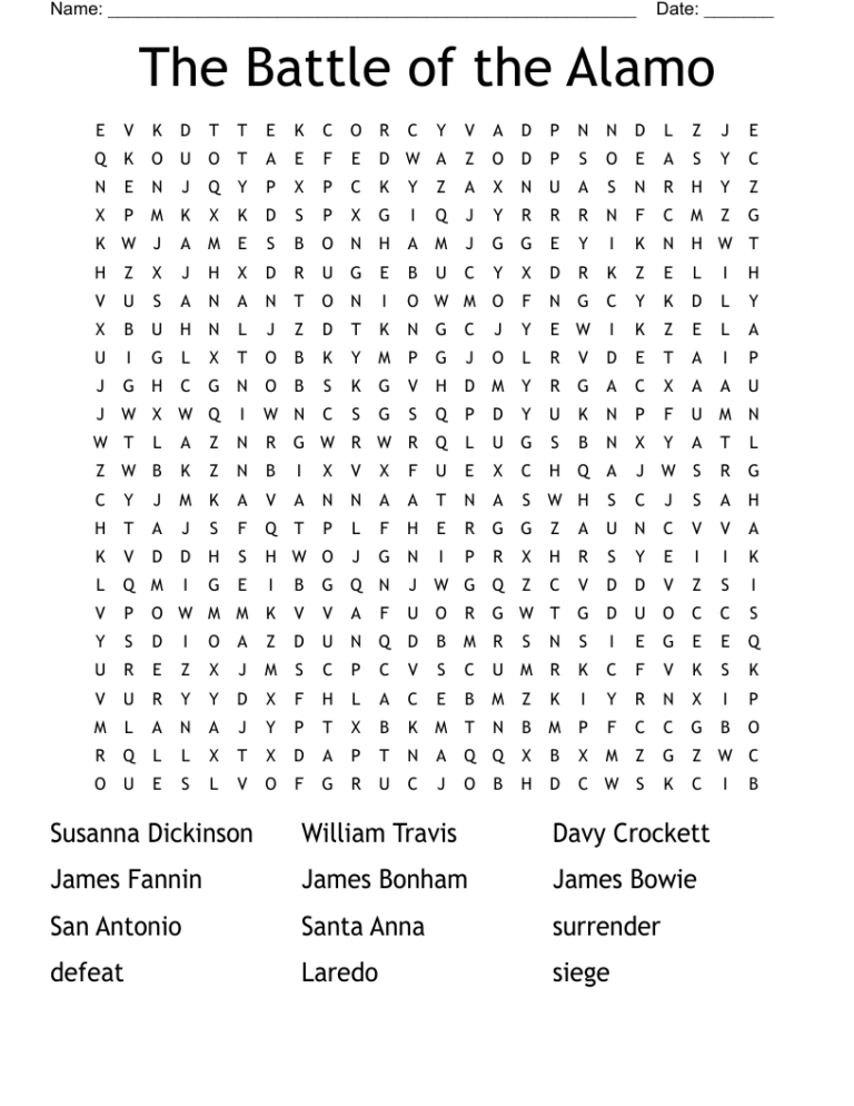 The Battle Of The Alamo Word Search WordMint