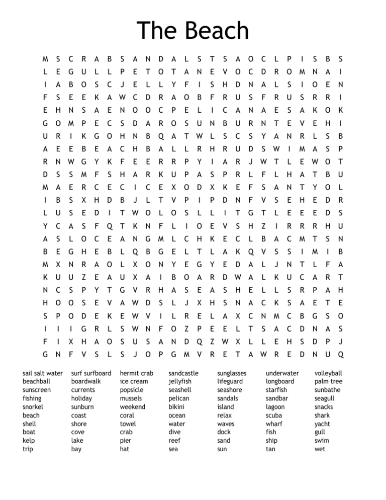 The Beach Word Search WordMint