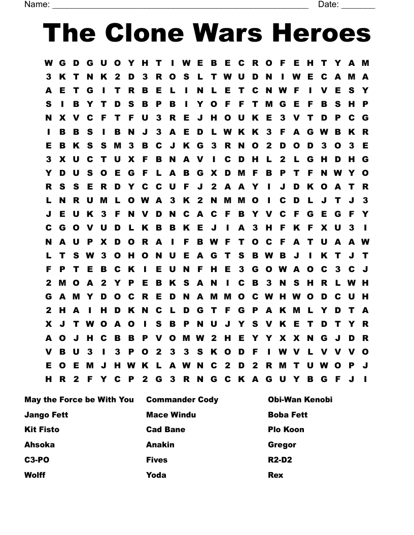 The Clone Wars Heroes Word Search WordMint