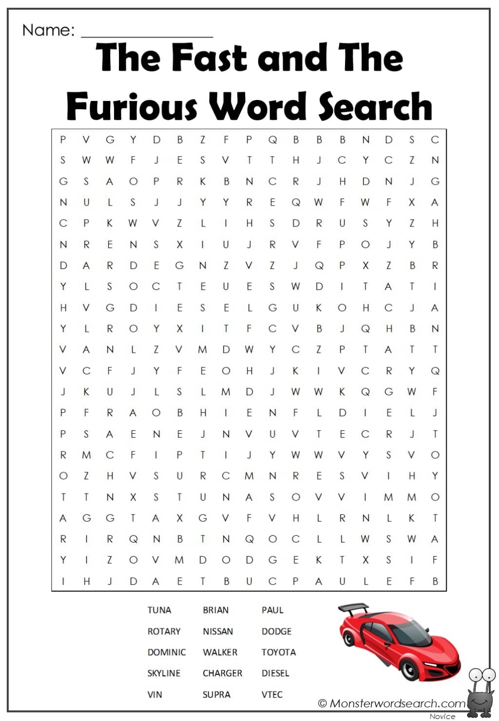 The Fast And The Furious Word Search Monster Word Search