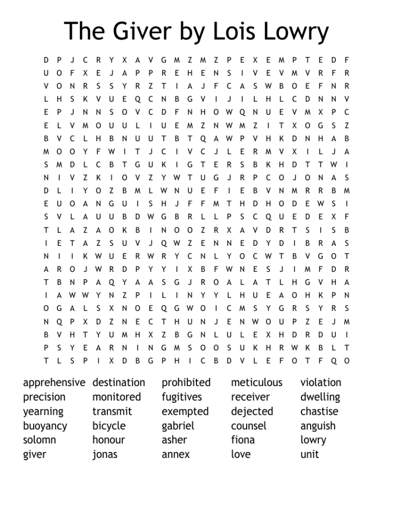 The Giver By Lois Lowry Word Search WordMint