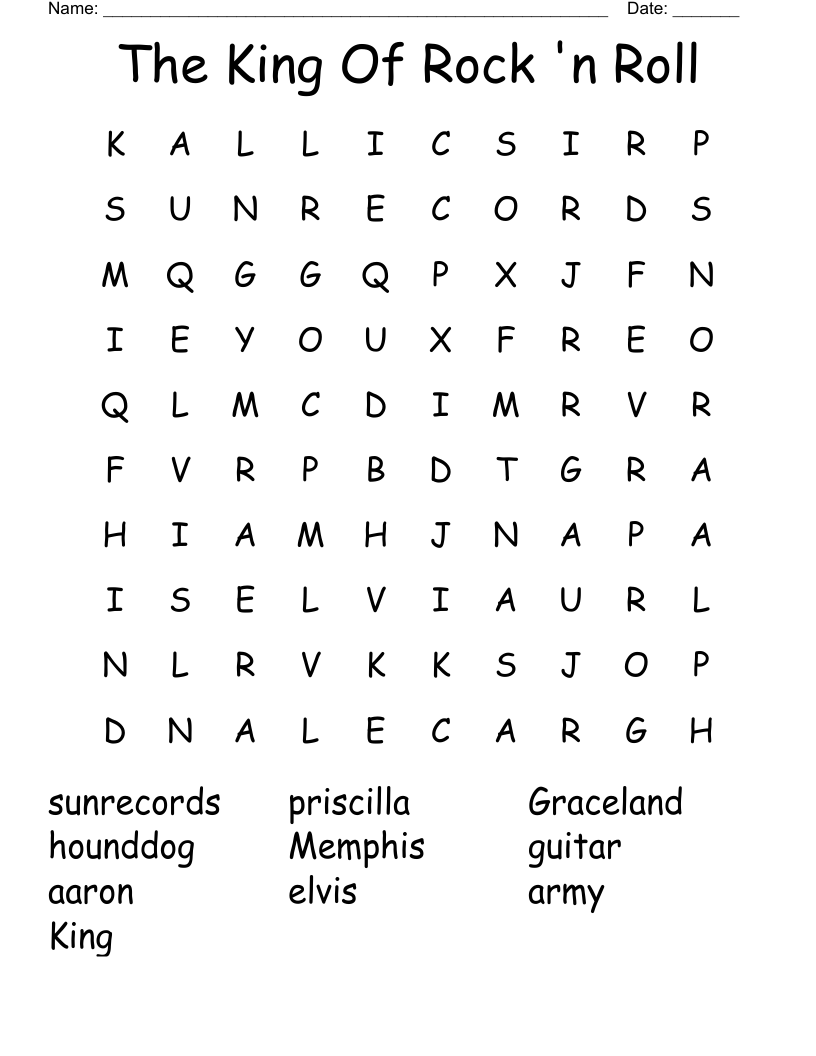 The King Of Rock n Roll Word Search WordMint