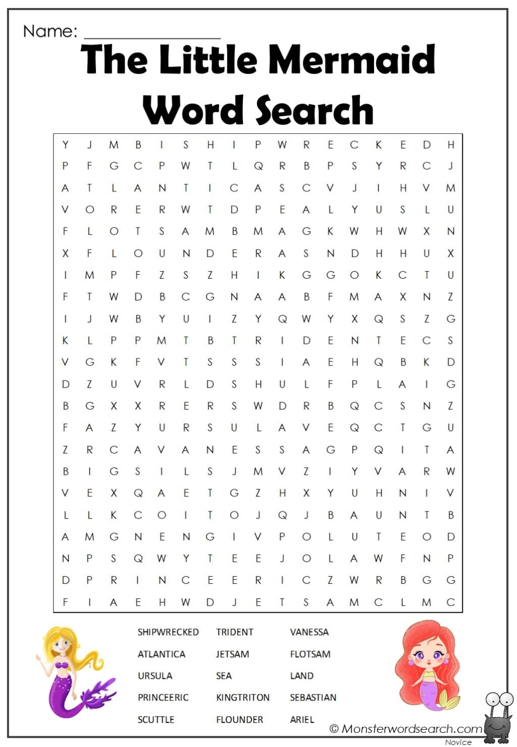 The Little Mermaid Word Search Monster Word Search