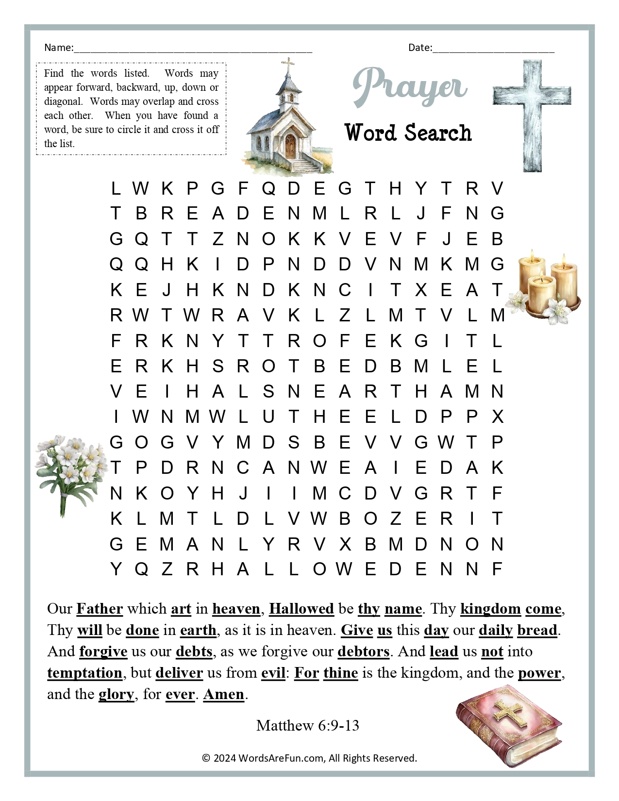 The Lords Prayer Our Father Word Search Printable Worksheets Library