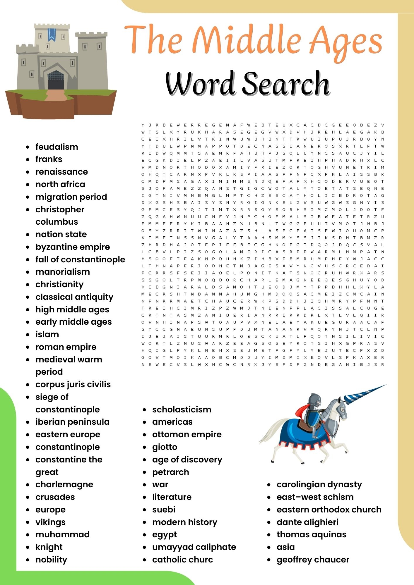 Medieval Word Search Printable