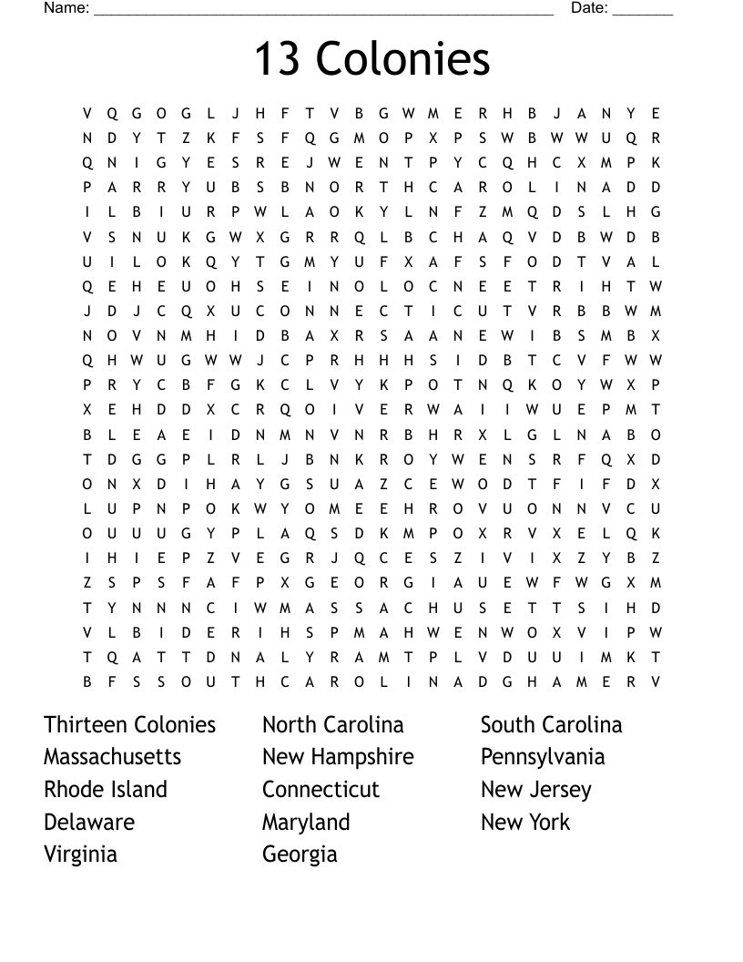 Thirteen Colonies Word Search WordMint