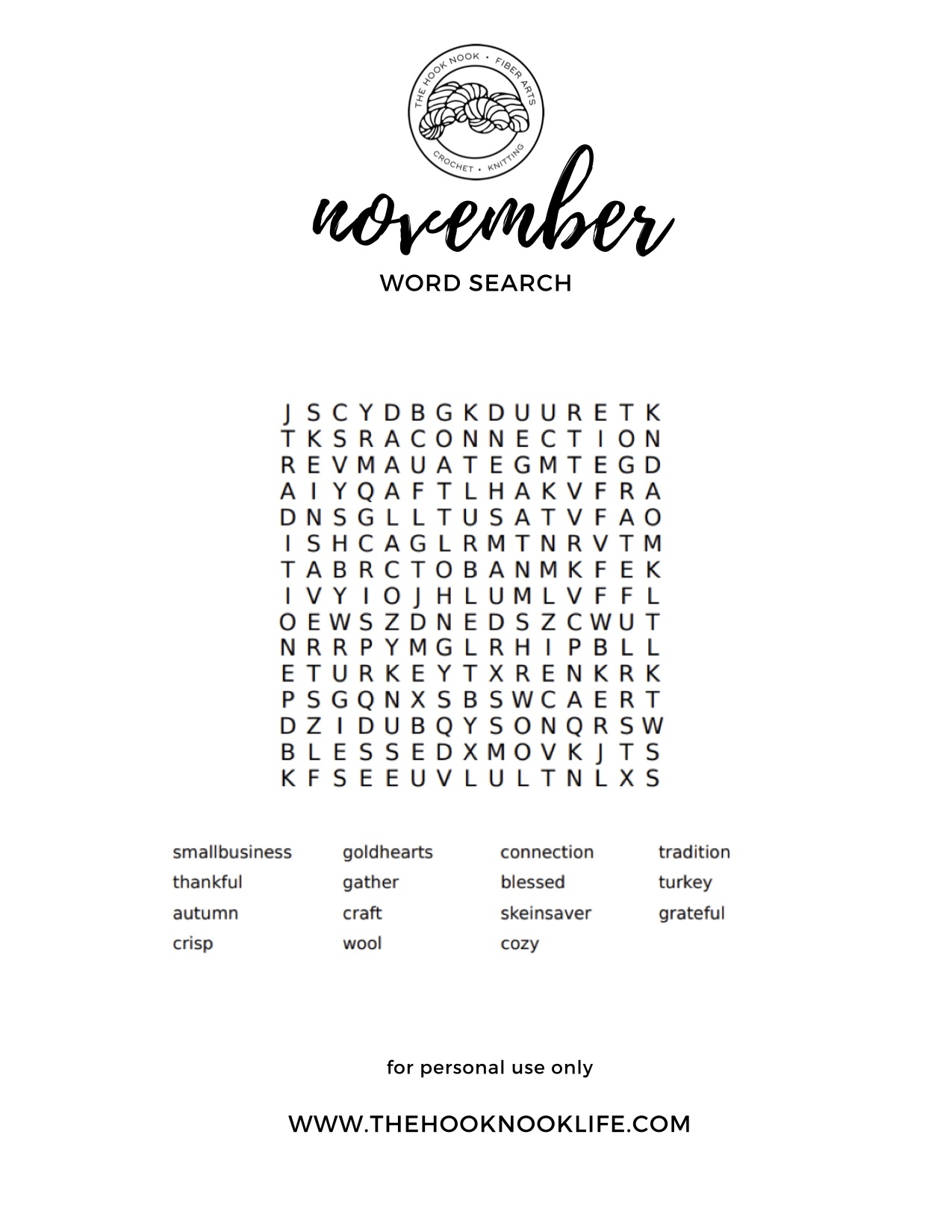 Free November Word Search Printable