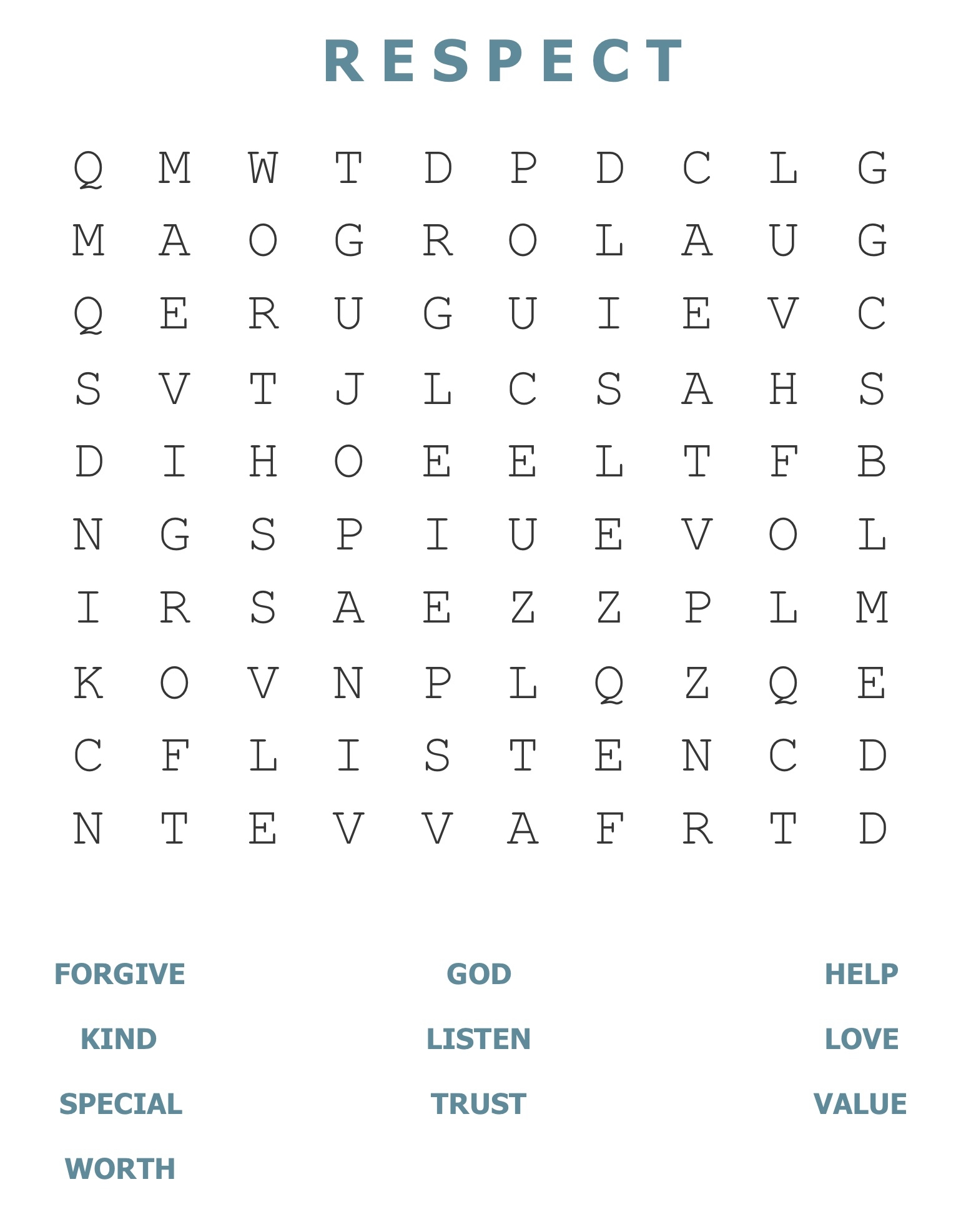 Printable Respect Word Search Printable Respect Word Search