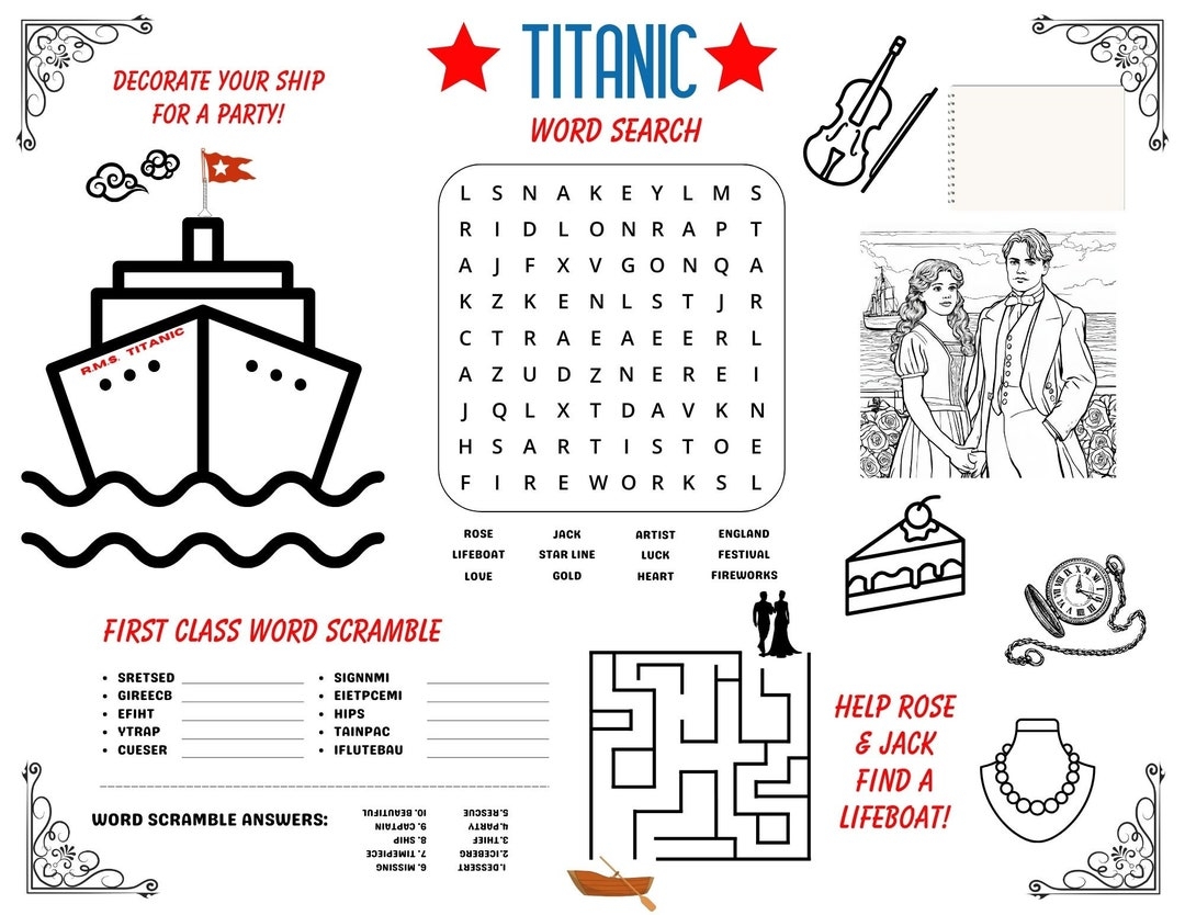 TITANIC KIDS Placemat Games activities TITANIC Coloring Wordsearch Word Scramble Passport boarding Pass For Role Playing Titanic Bday Etsy