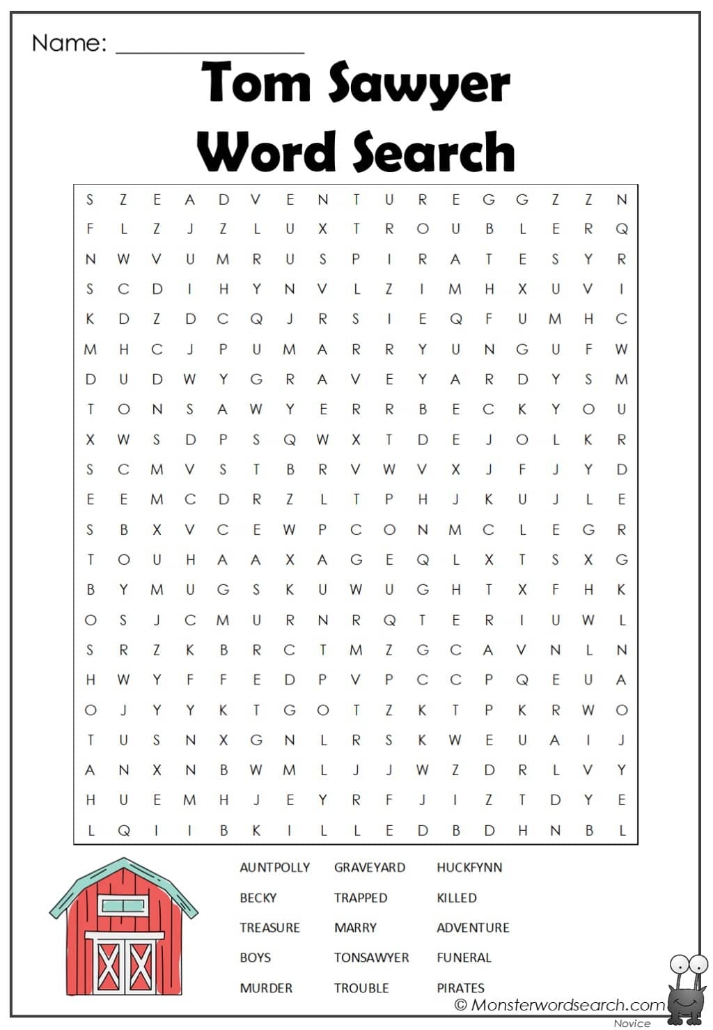Tom Sawyer Word Search Monster Word Search