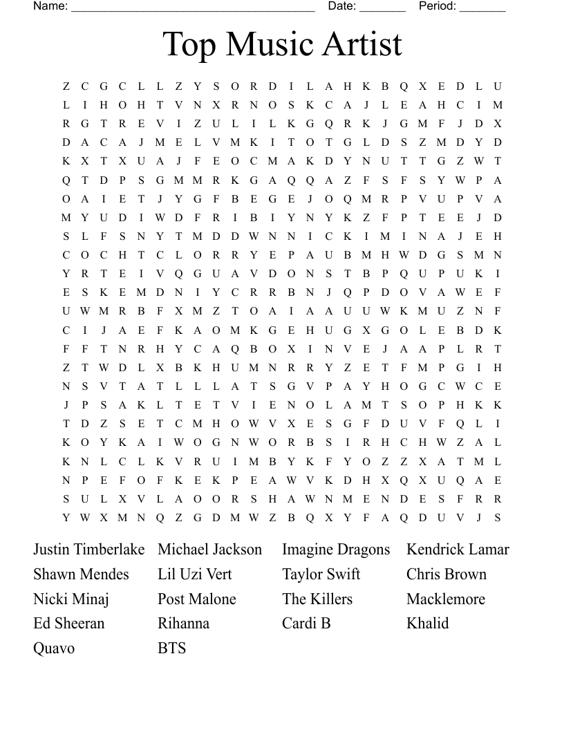 Top Music Artist Word Search WordMint