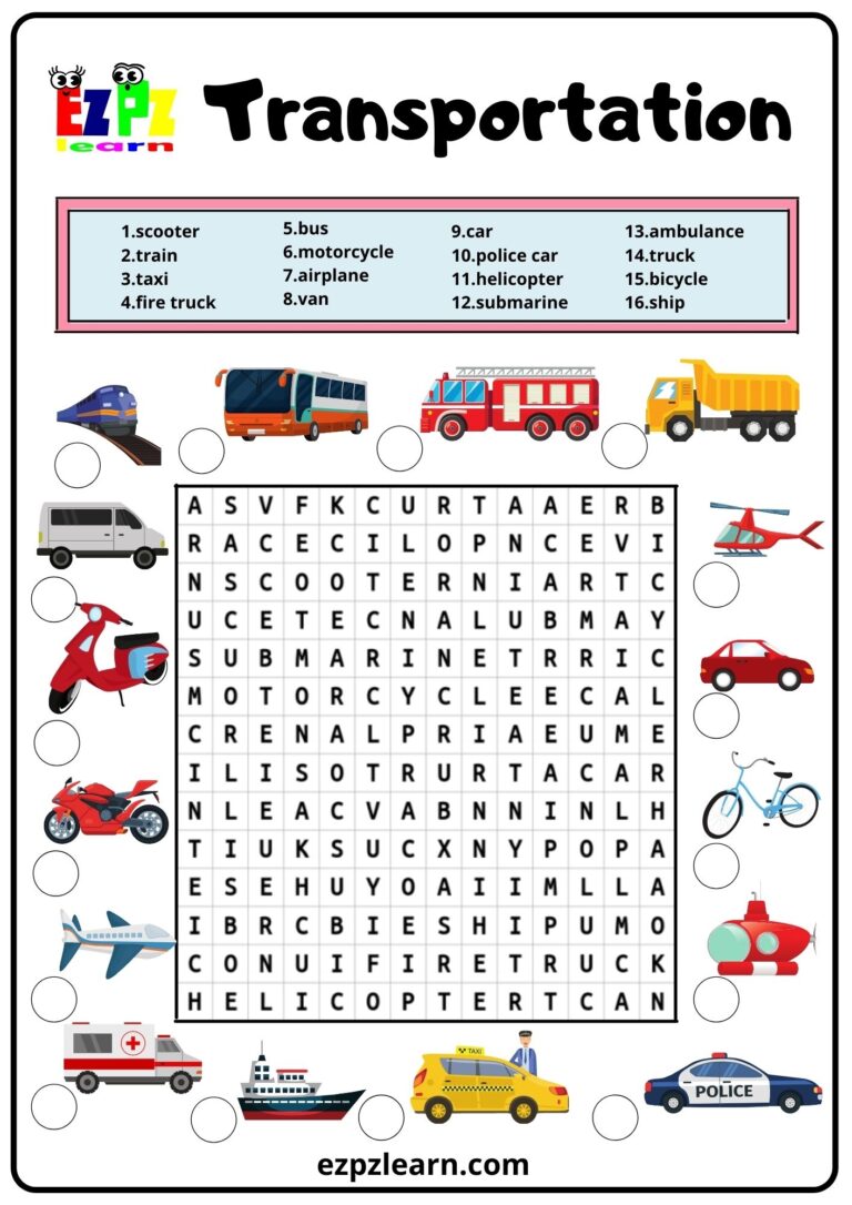 Transportation Word Search 2 Ezpzlearn