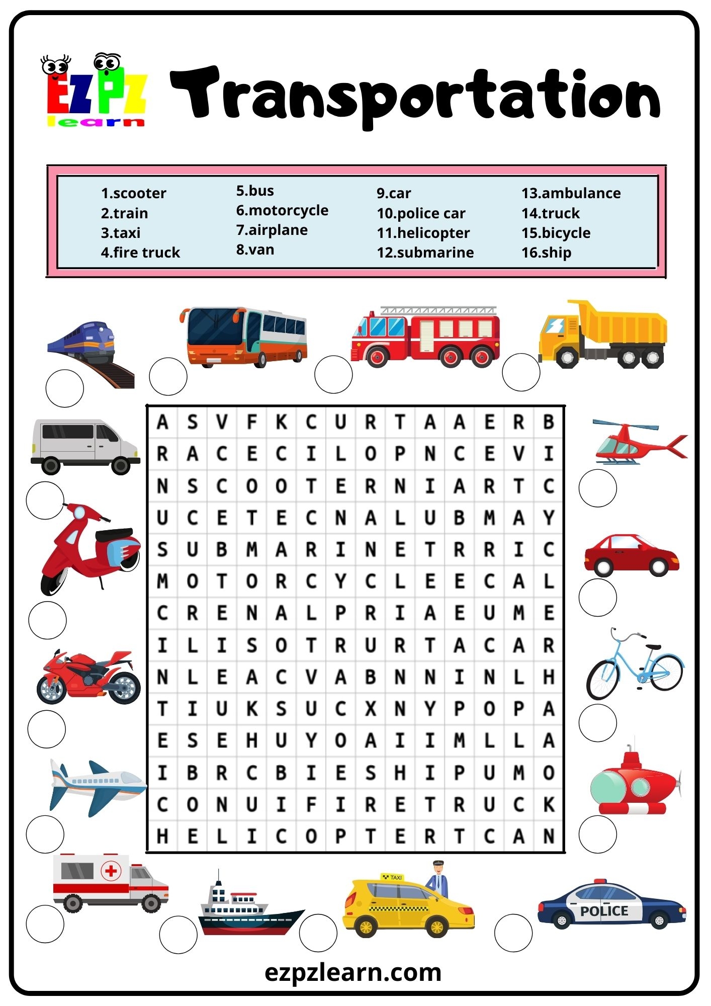 Transportation Word Search 2 Ezpzlearn