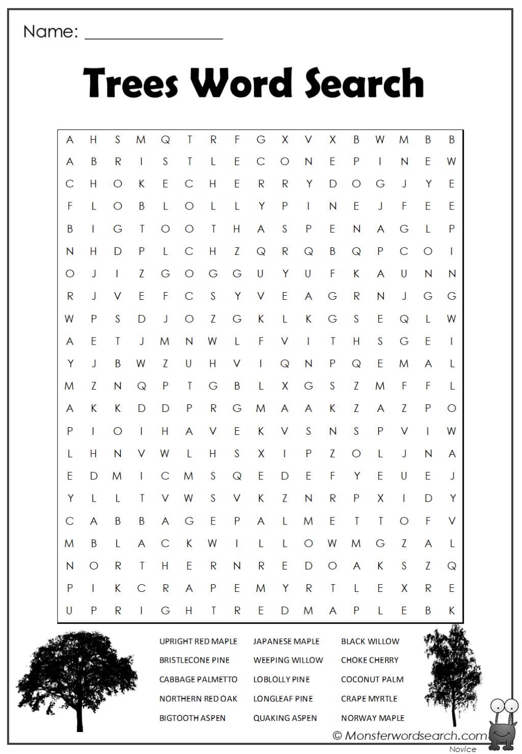 Trees Word Search Monster Word Search