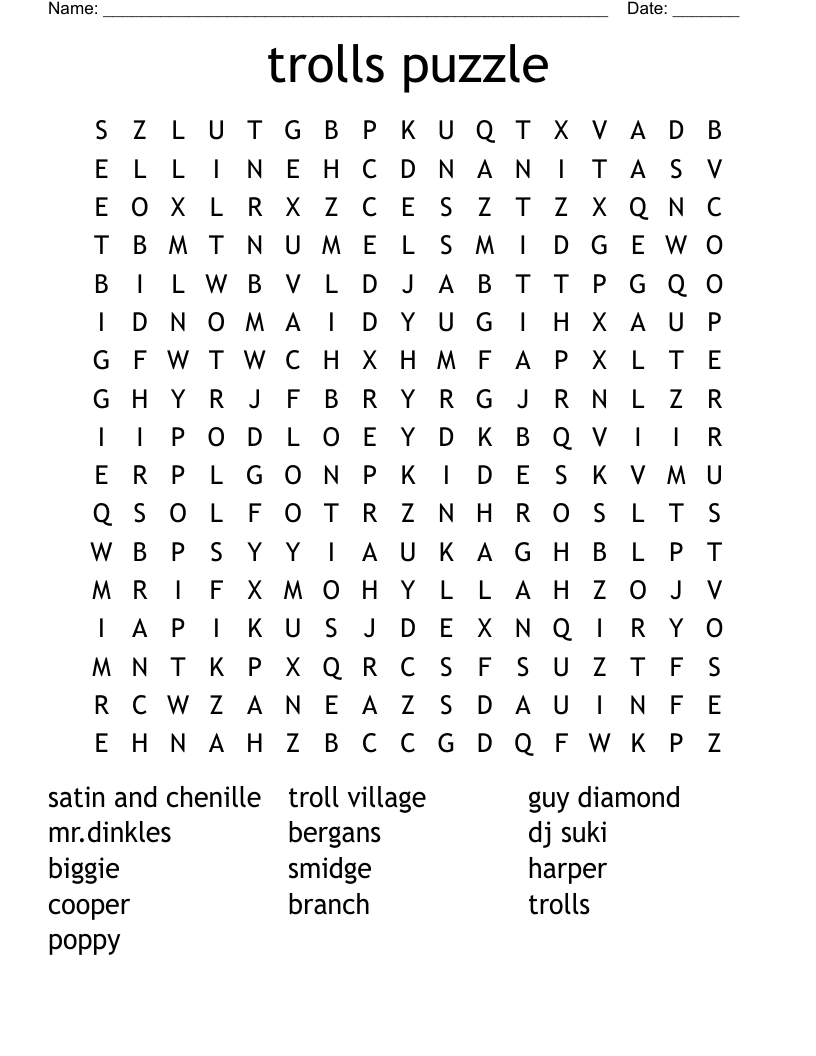 Trolls Puzzle Word Search WordMint