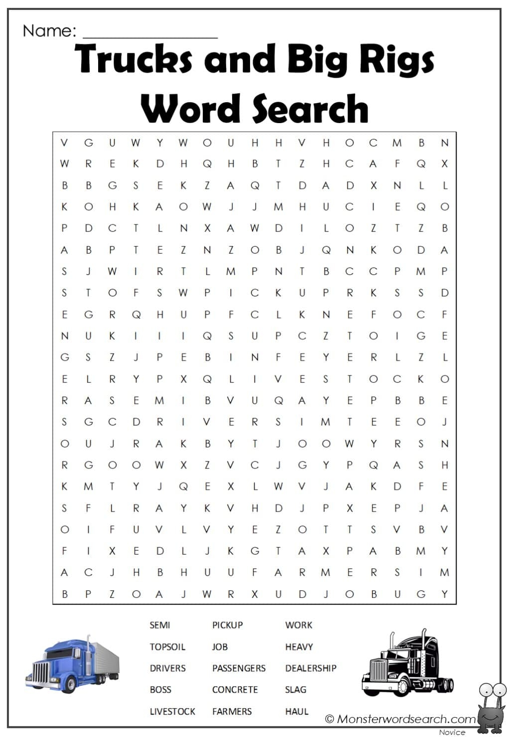 Trucks And Big Rigs Word Search Monster Word Search