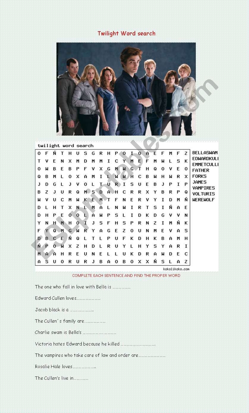 Twilight Word Search ESL Worksheet By Angie 106