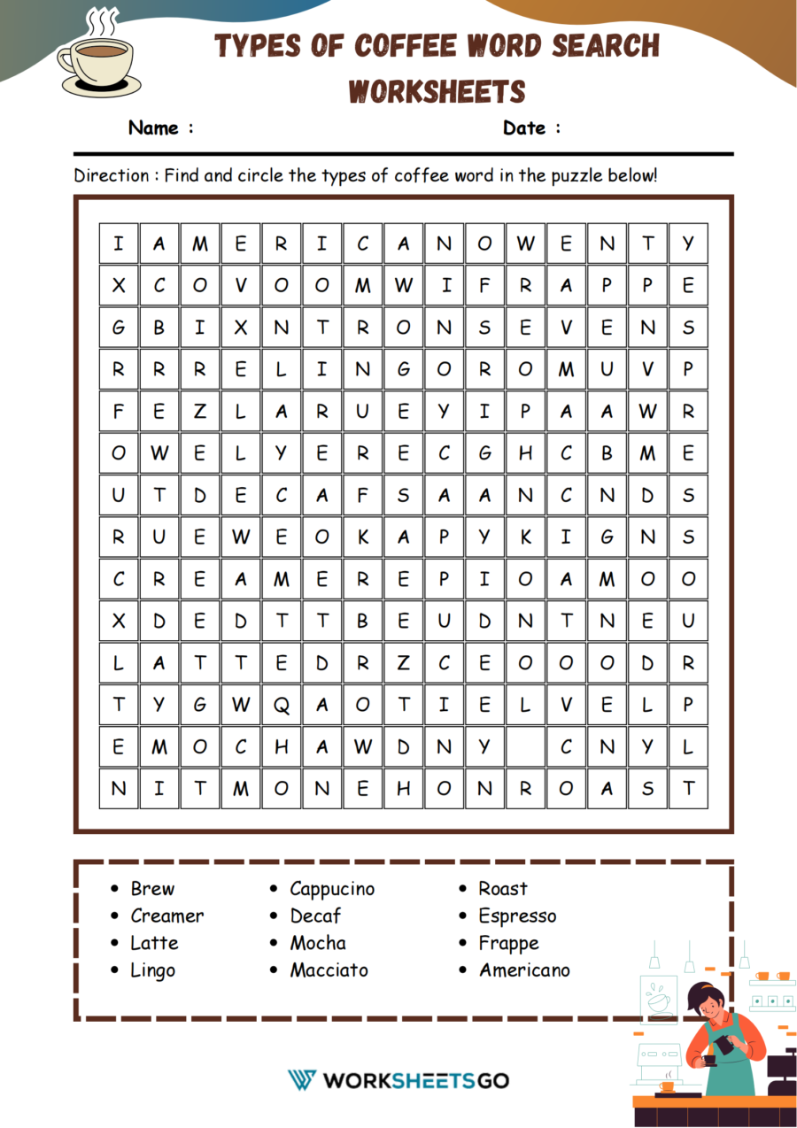 Types Of Coffee Word Search Worksheets WorksheetsGO
