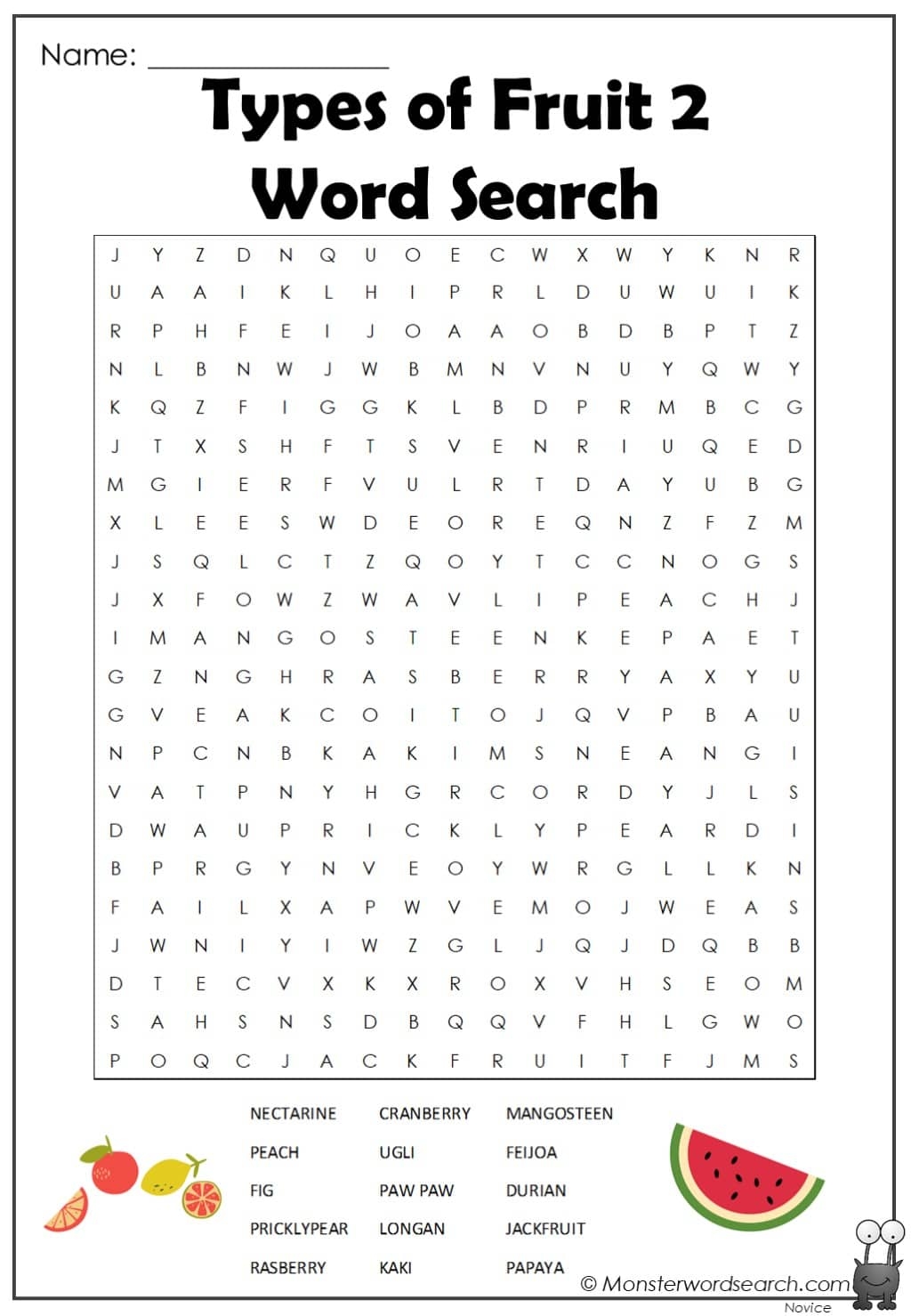 Types Of Fruit 2 Word Search Monster Word Search