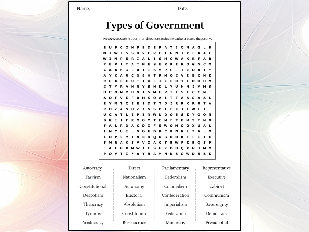 Types Of Government Word Search Puzzle Worksheet Activity Teaching Resources