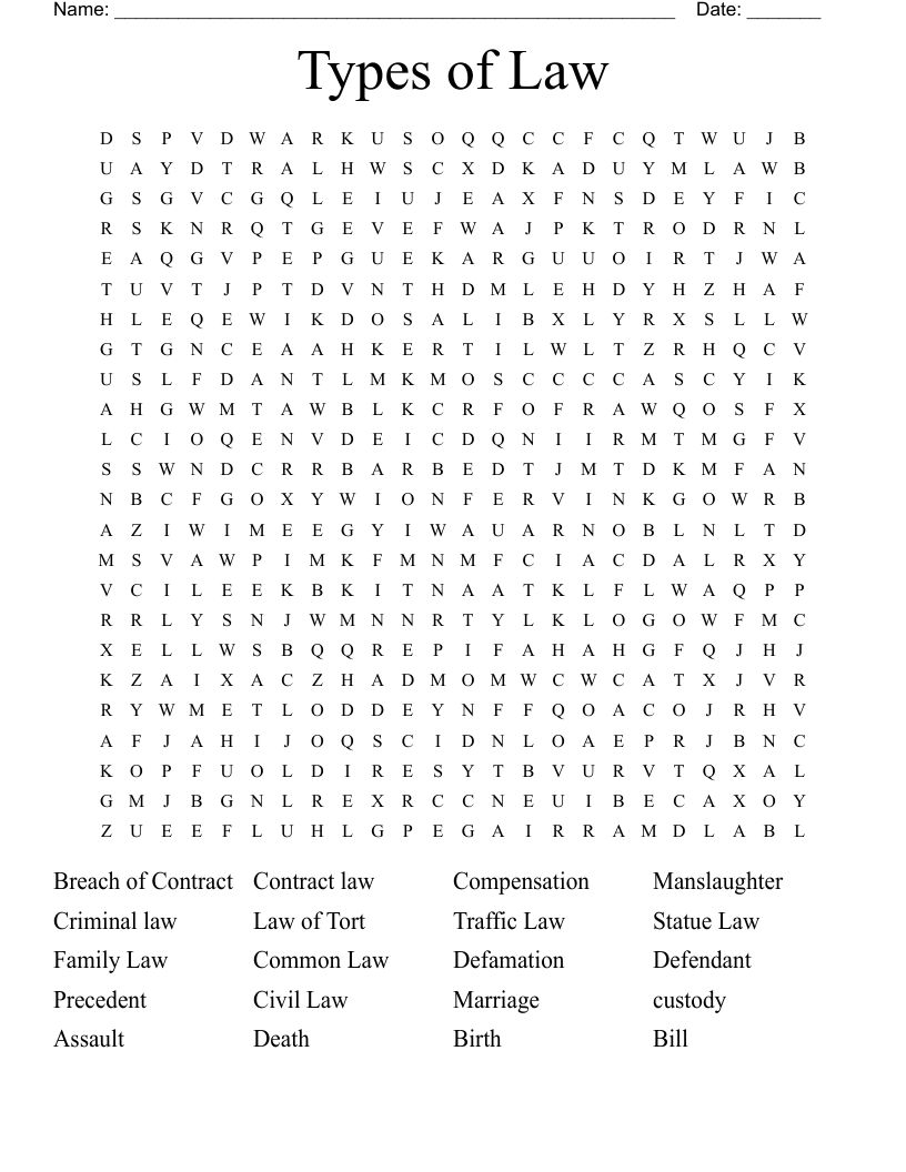 Types Of Law Word Search WordMint