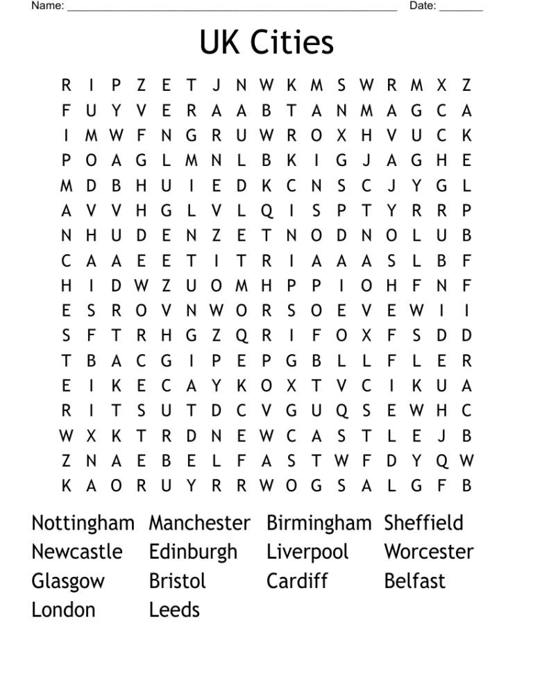 UK Cities Word Search WordMint
