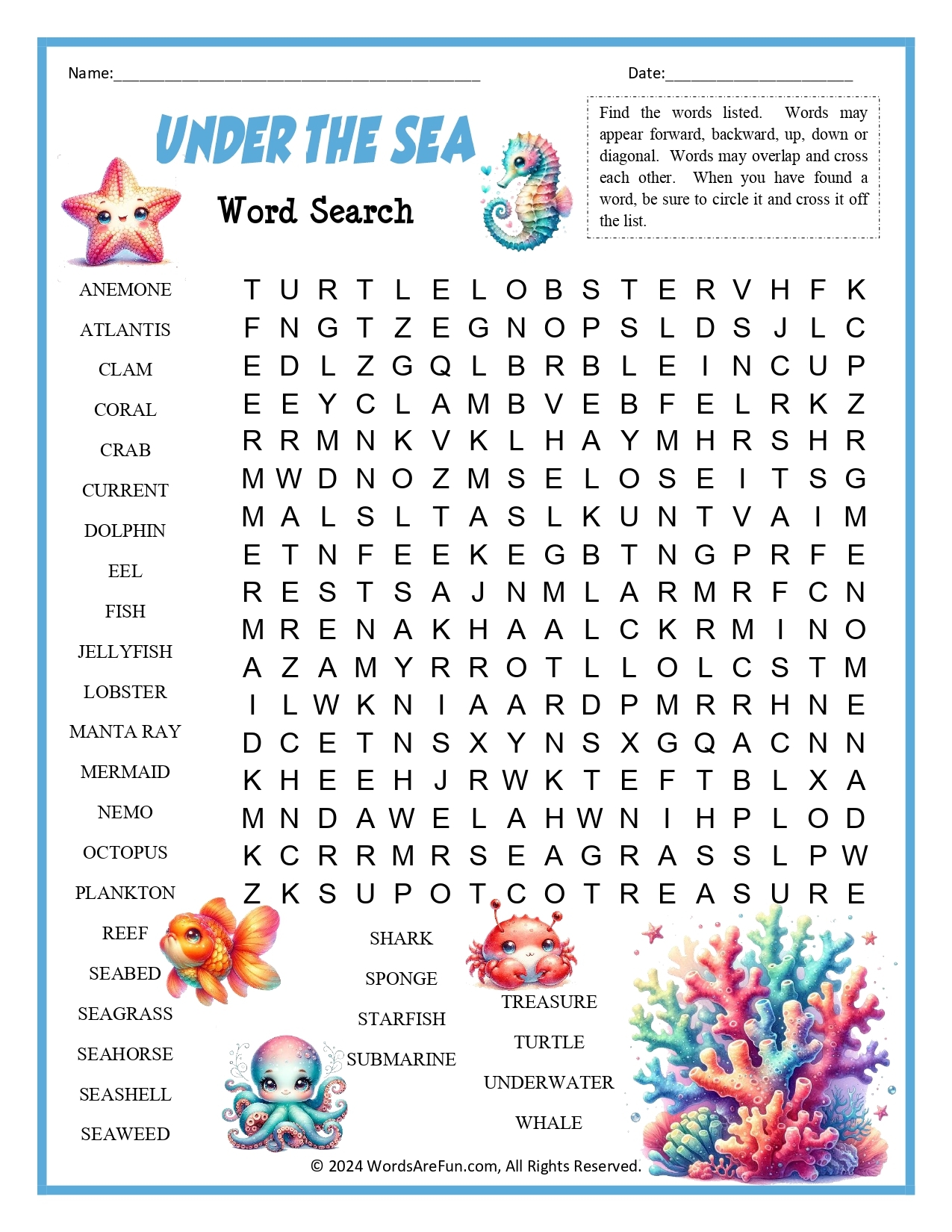 Free Printable Ocean Word Search
