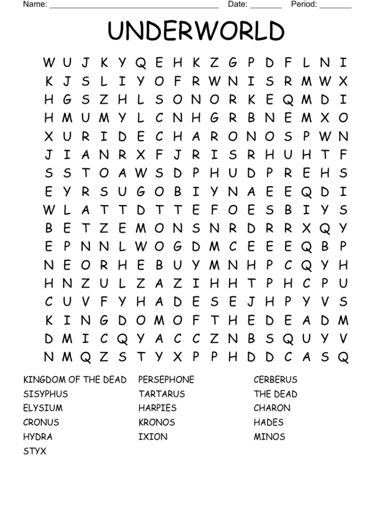 UNDERWORLD Word Search WordMint