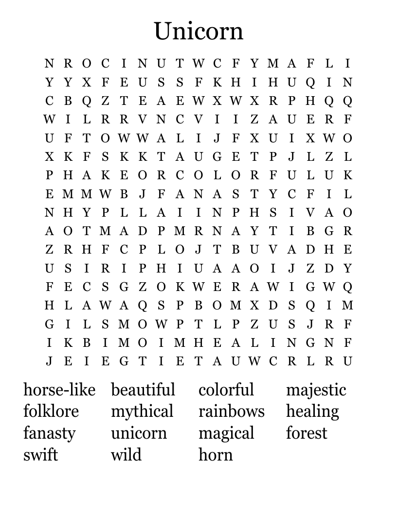 Unicorn Word Search WordMint