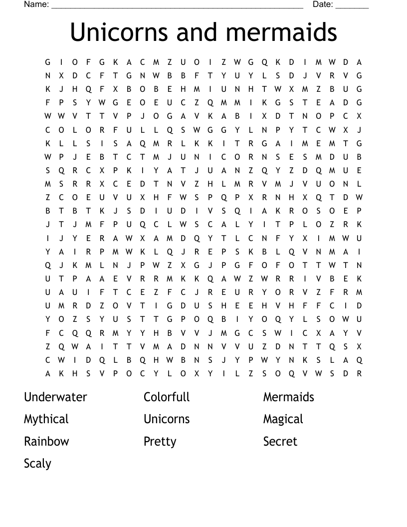 Unicorns And Mermaids Word Search WordMint