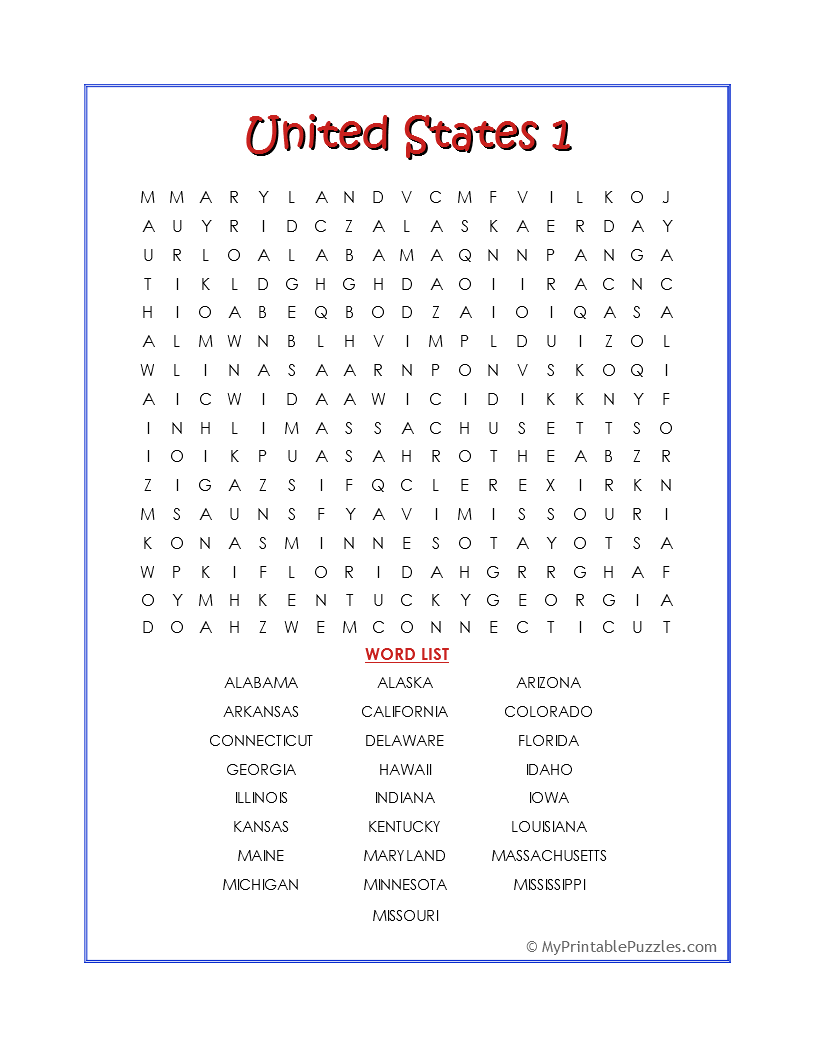 United States 1 Word Search My Printable Puzzles United States 1 Word Search My Printable Puzzles