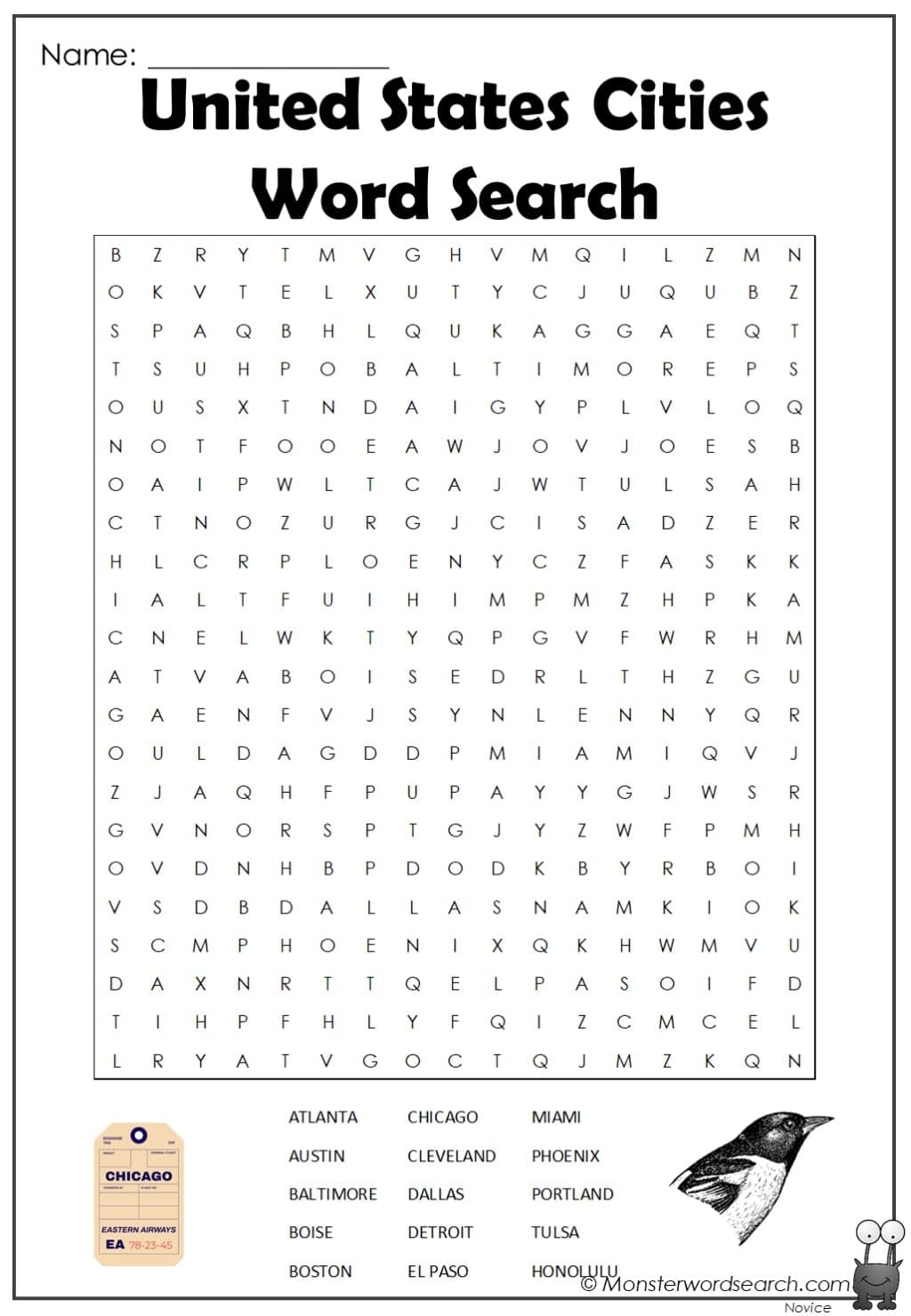 United States Cities Word Search Monster Word Search