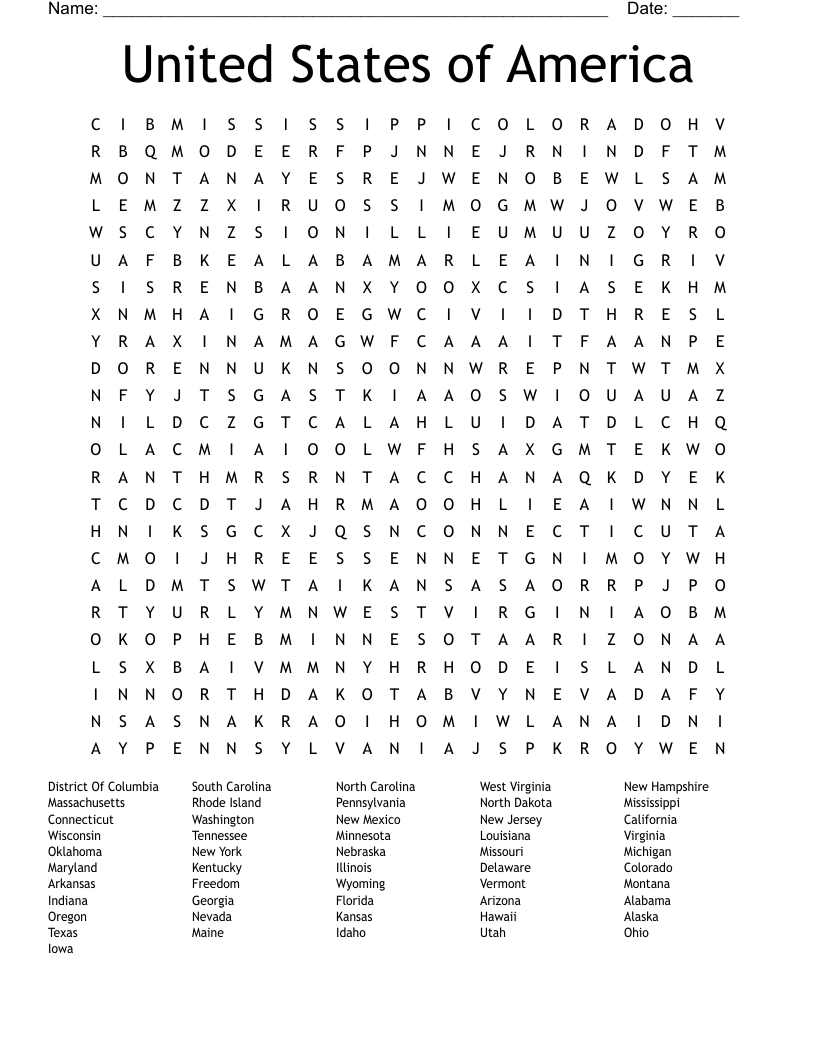 United States Of America Word Search WordMint