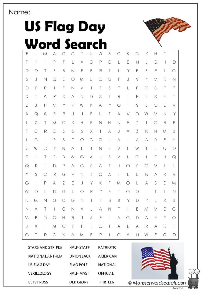 Us Flag Day Word Search Monster Word Search