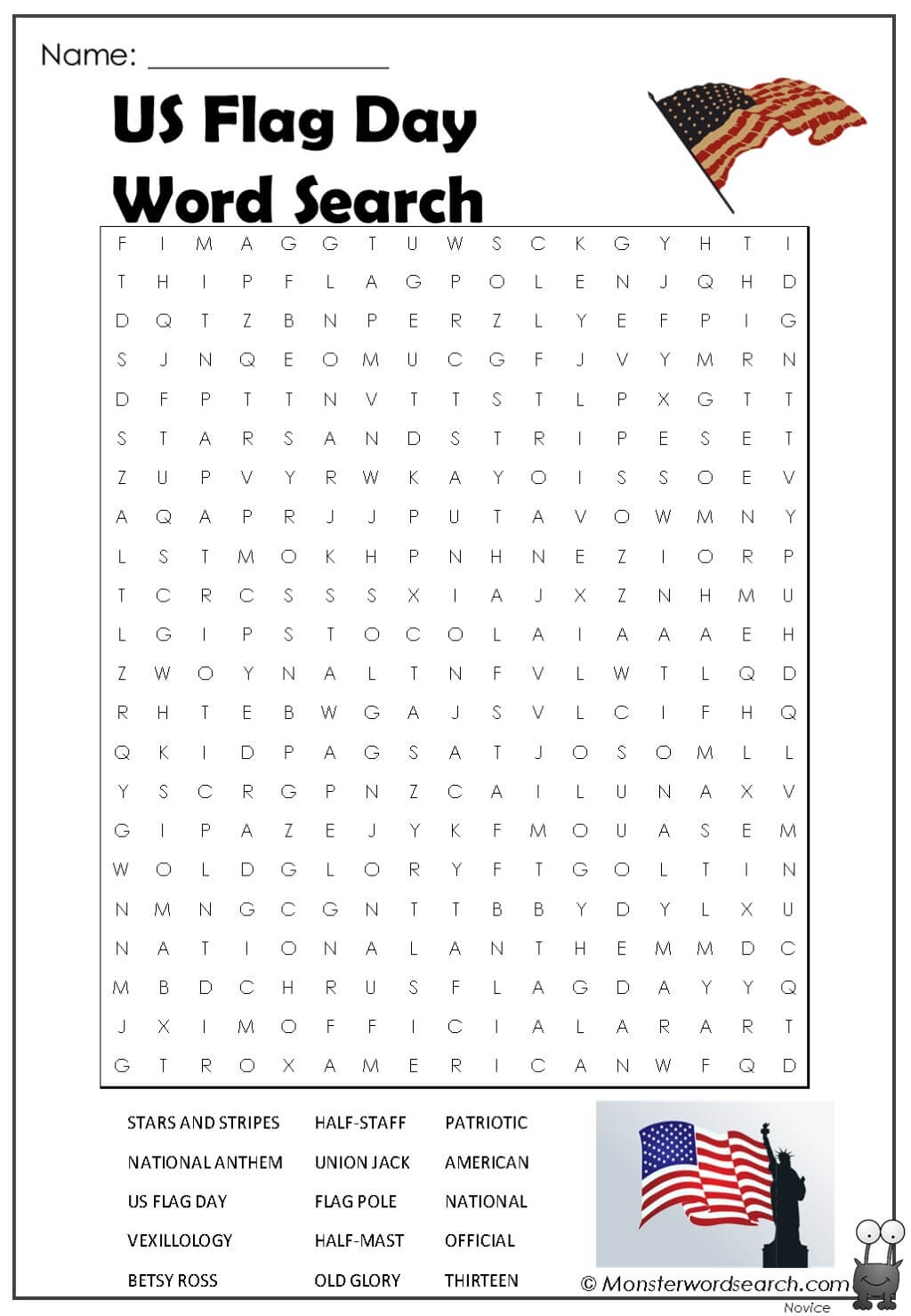 Us Flag Day Word Search Monster Word Search