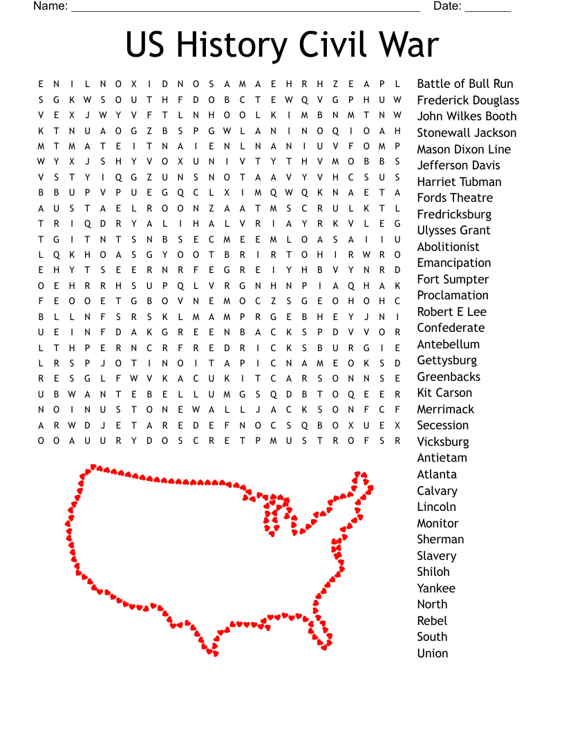 US History Civil War Word Search WordMint