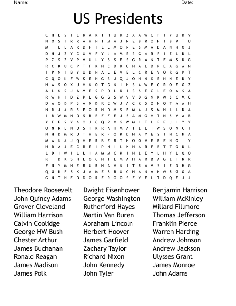 US Presidents Word Search WordMint Worksheets Library