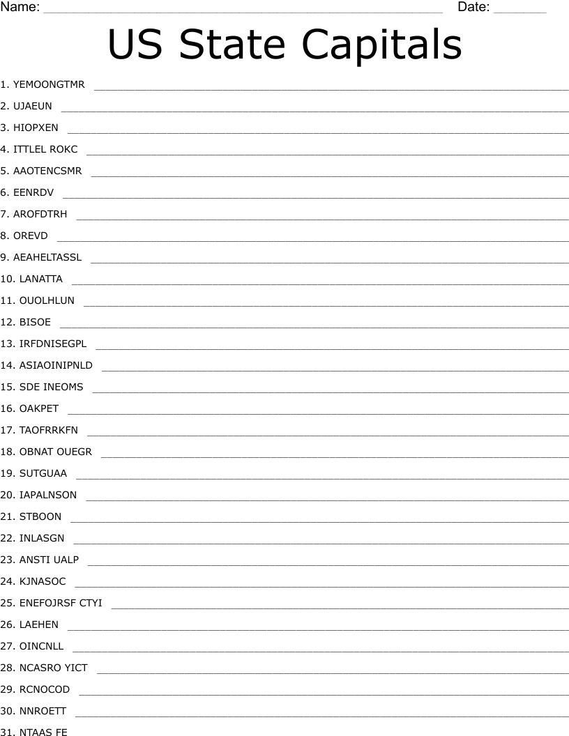 US State Capitals Word Scramble WordMint