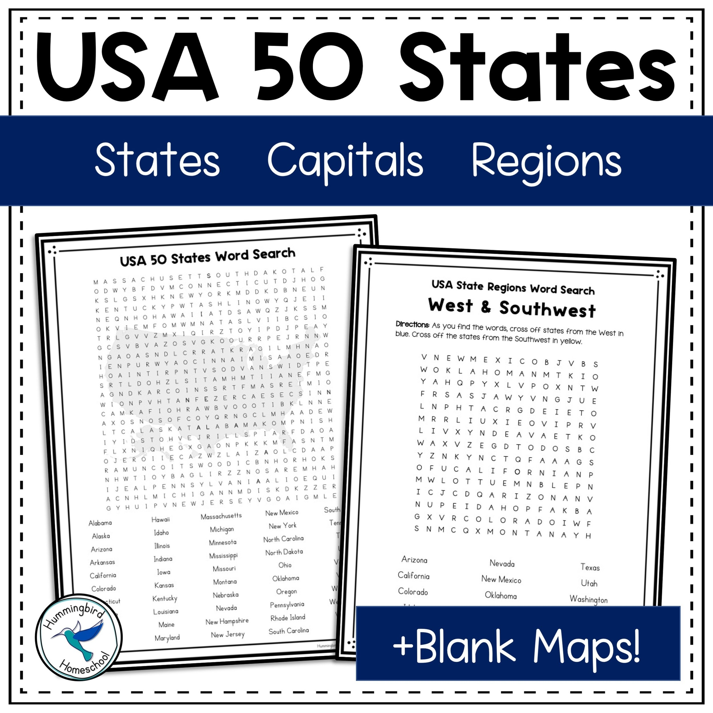 USA 50 States Word Search PDFs Hummingbird Homeschool