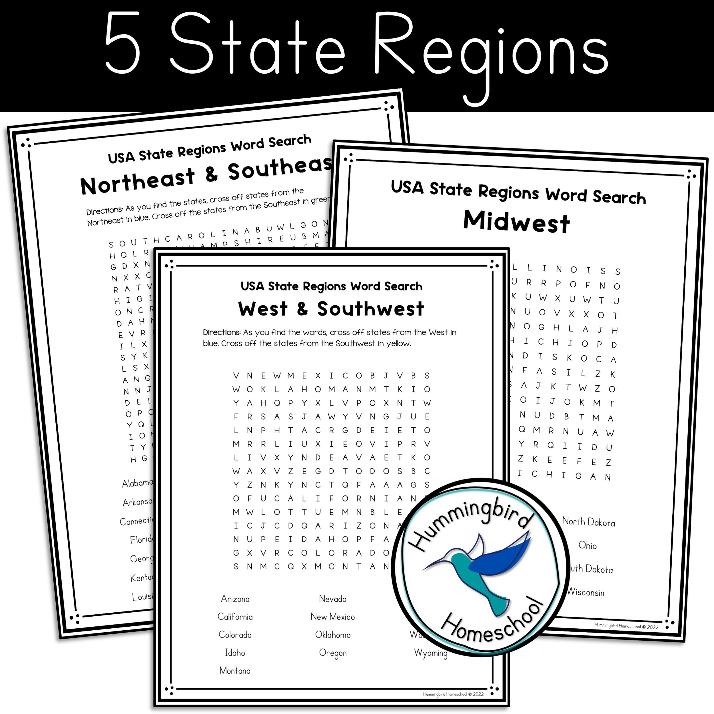 USA 50 States Word Search PDFs Hummingbird Homeschool