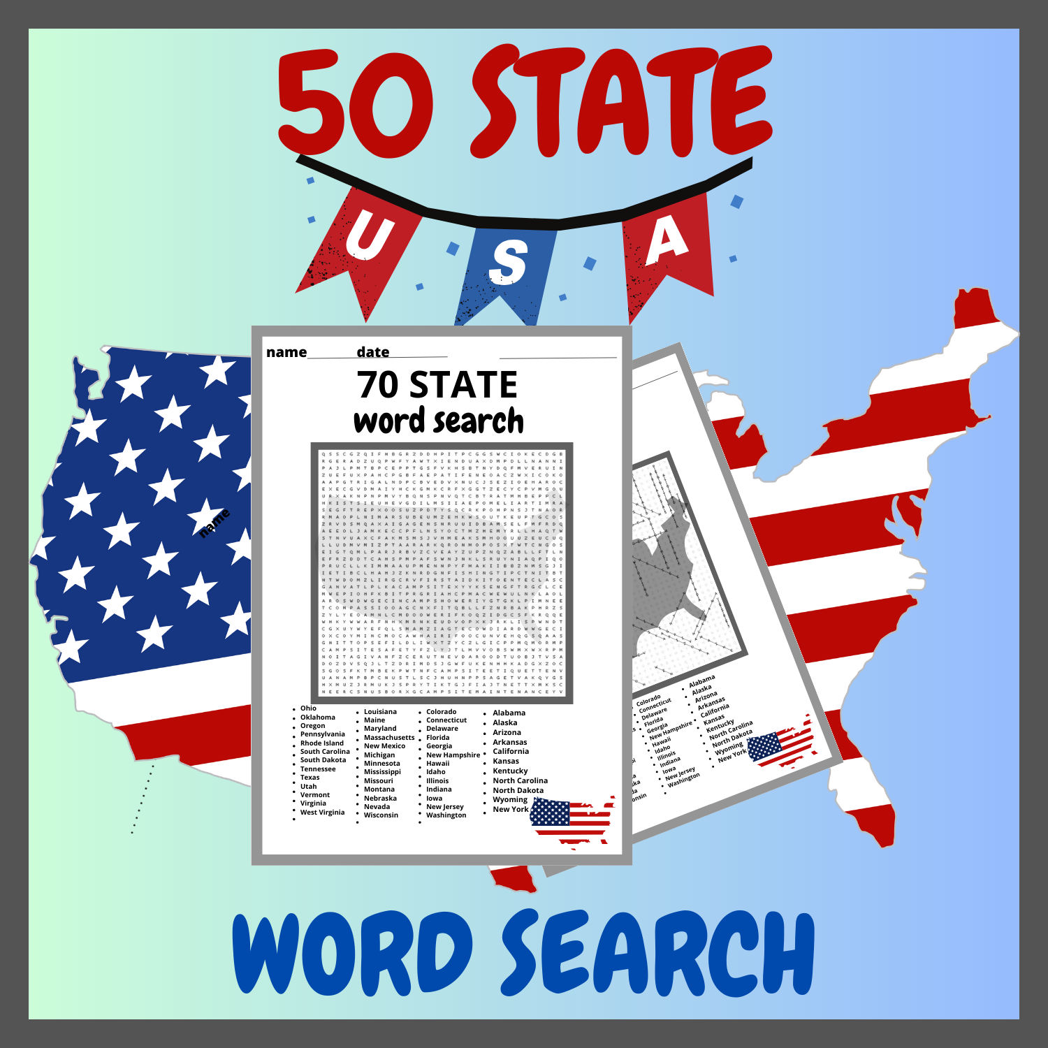 USA GEOGRAPHY Worksheet All 50 Fifty US States Word Search Puzzle Activity Made By Teachers