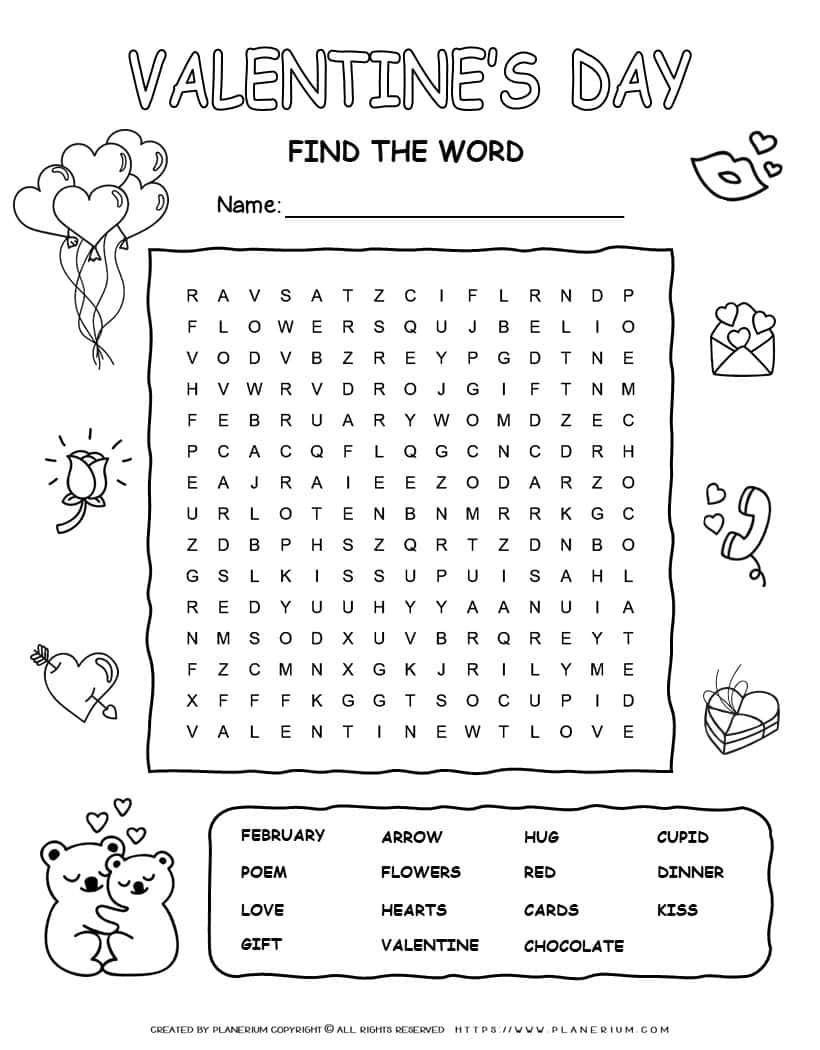 Valentine s Day Word Search With Fifteen Words Planerium