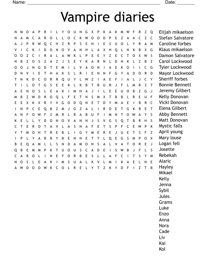 Vampire Diaries Word Search WordMint