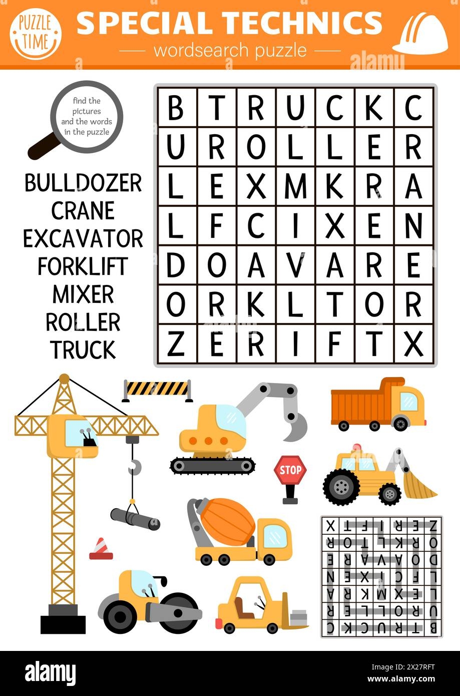 Vector Construction Site Wordsearch Puzzle For Kids Simple Word Search Quiz With Car Truck Excavator Bulldozer Lifting Crane For Children Cute E Stock Vector Image U0026 Art Alamy