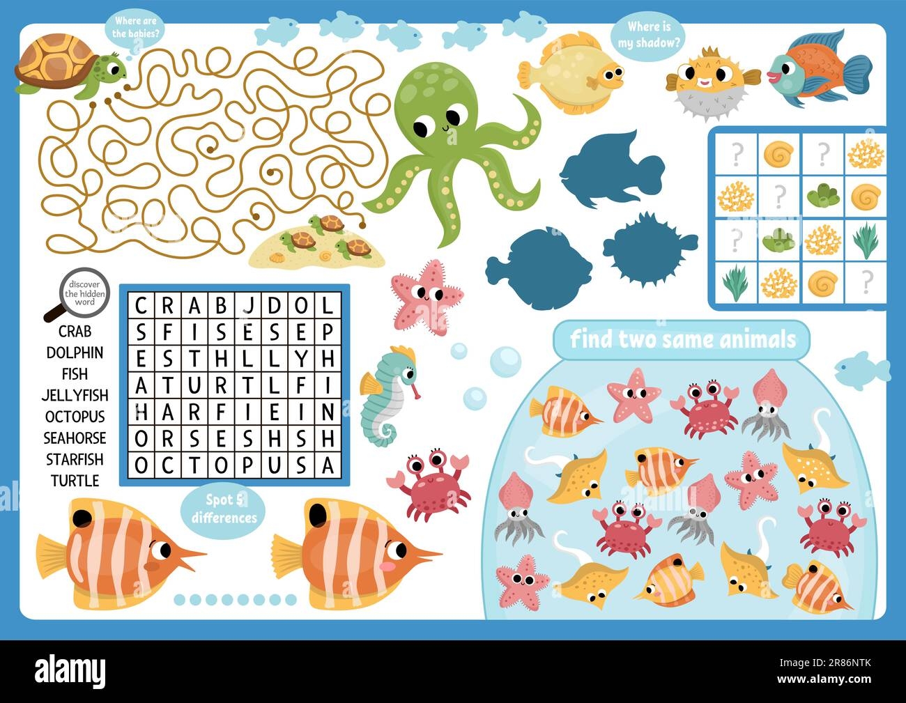 Vector Under The Sea Placemat For Children Ocean Life Printable Activity Mat With Maze Word Search Puzzle Shadow Match Find Difference Underwater Stock Vector Image U0026 Art Alamy